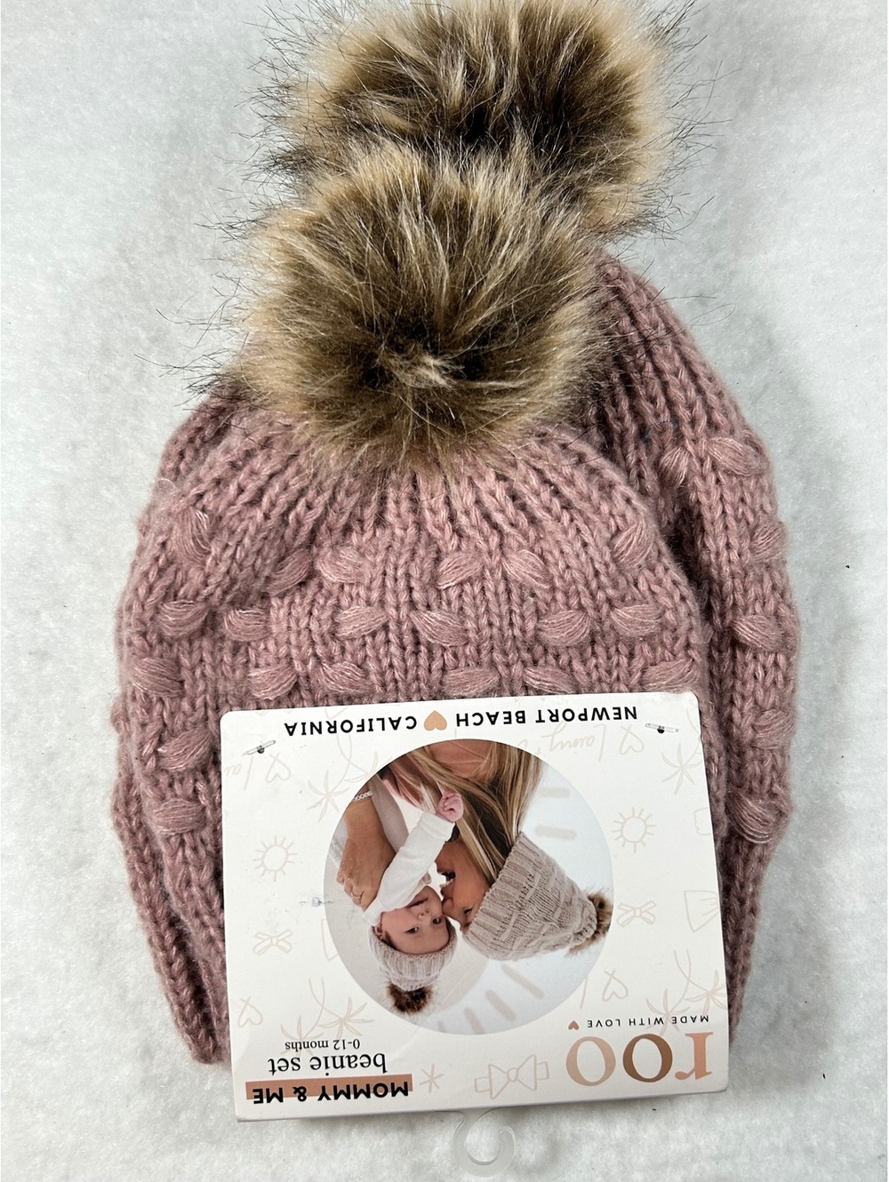 roo Mommy & Me Beanie Set 0-12 Months - Pink Knit with Faux Fur Pom Poms